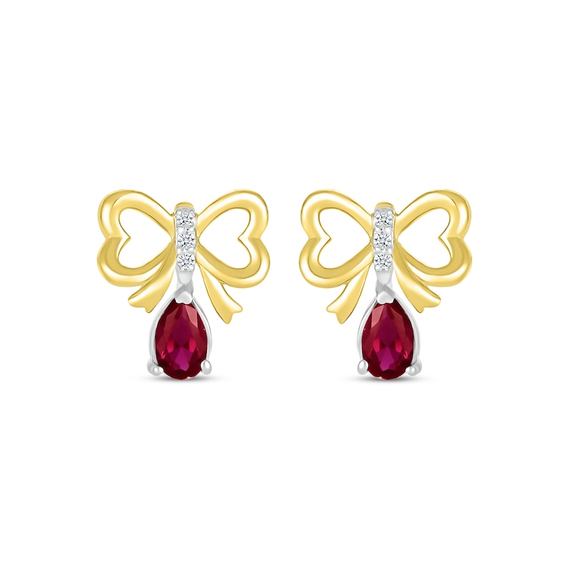 Main Image 2 of Pear-Shaped Lab-Created Ruby & White Lab-Created Sapphire Bow Drop Earrings Sterling Silver & 10K Yellow Gold