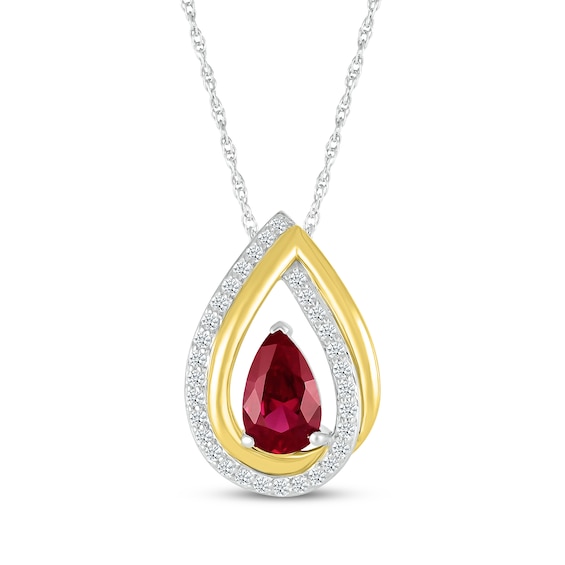 Pear-Shaped Lab-Created Ruby & White Lab-Created Sapphire Double Teardrop Necklace Sterling Silver & 10K Yellow Gold 18"