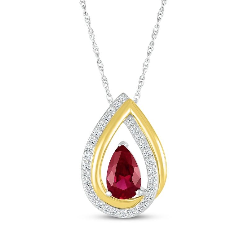 Main Image 1 of Pear-Shaped Lab-Created Ruby & White Lab-Created Sapphire Double Teardrop Necklace Sterling Silver & 10K Yellow Gold 18&quot;