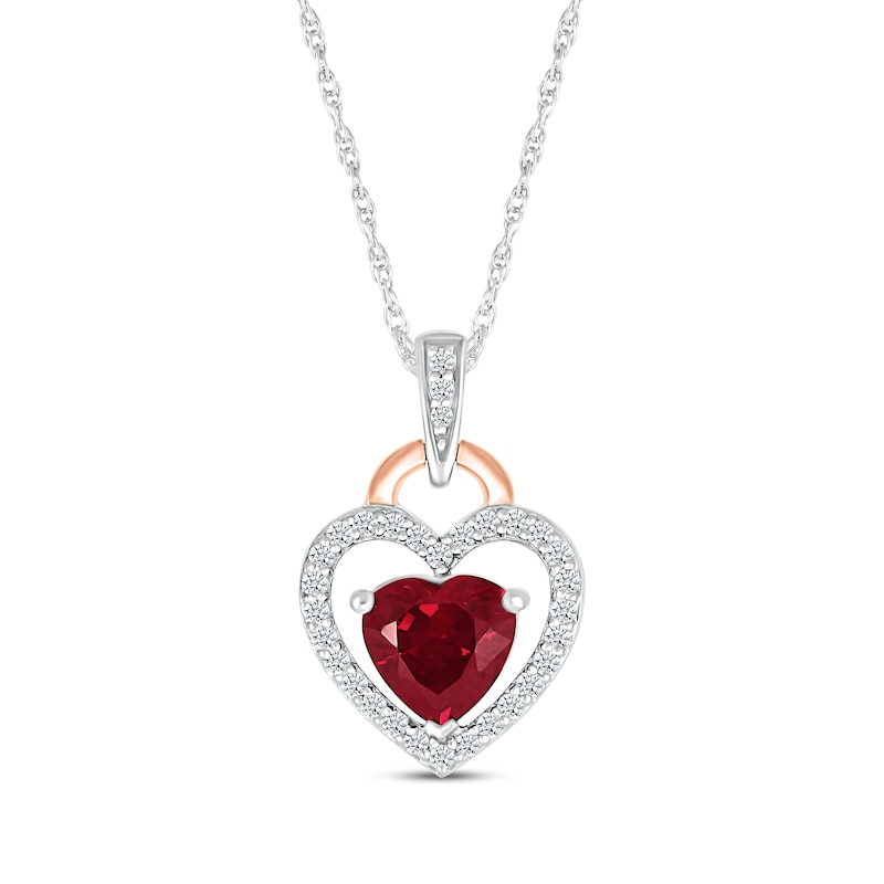 Heart-Shaped Lab-Created Ruby & White Lab-Created Sapphire Necklace Sterling Silver & 10K Rose Gold 18"