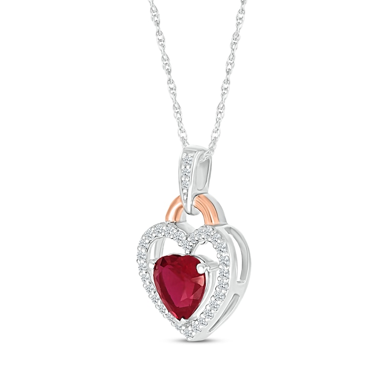 Heart-Shaped Lab-Created Ruby & White Lab-Created Sapphire Necklace Sterling Silver & 10K Rose Gold 18"