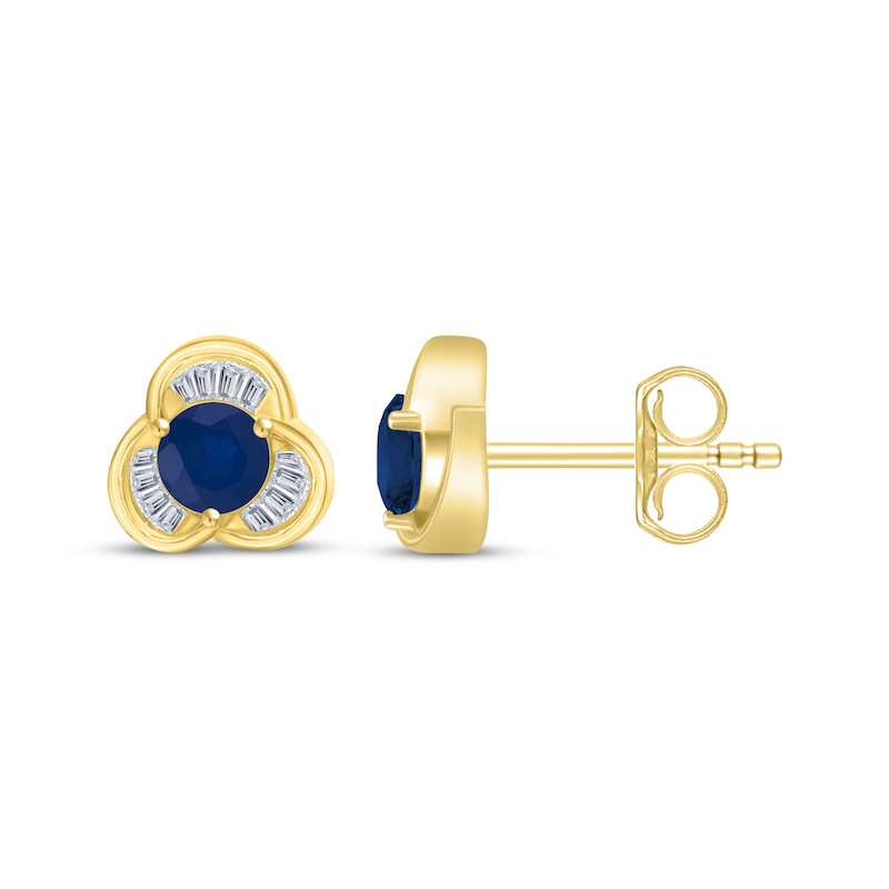 Main Image 1 of Blue Sapphire & Diamond Trefoil Stud Earrings 1/8 ct tw 10K Yellow Gold