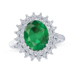 Oval-Cut Lab-Created Emerald & White Lab-Created Sapphire Starburst Ring Sterling Silver