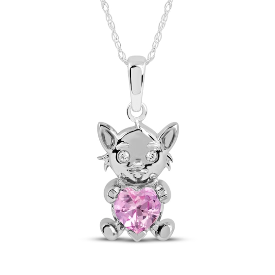 Heart-Shaped Pink Lab-Created Sapphire & White Lab-Created Sapphire Kitten Necklace Sterling Silver 18"