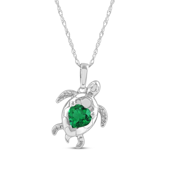 Heart-Shaped Lab-Created Emerald & White Lab-Created Sapphire Turtle Necklace Sterling Silver 18"