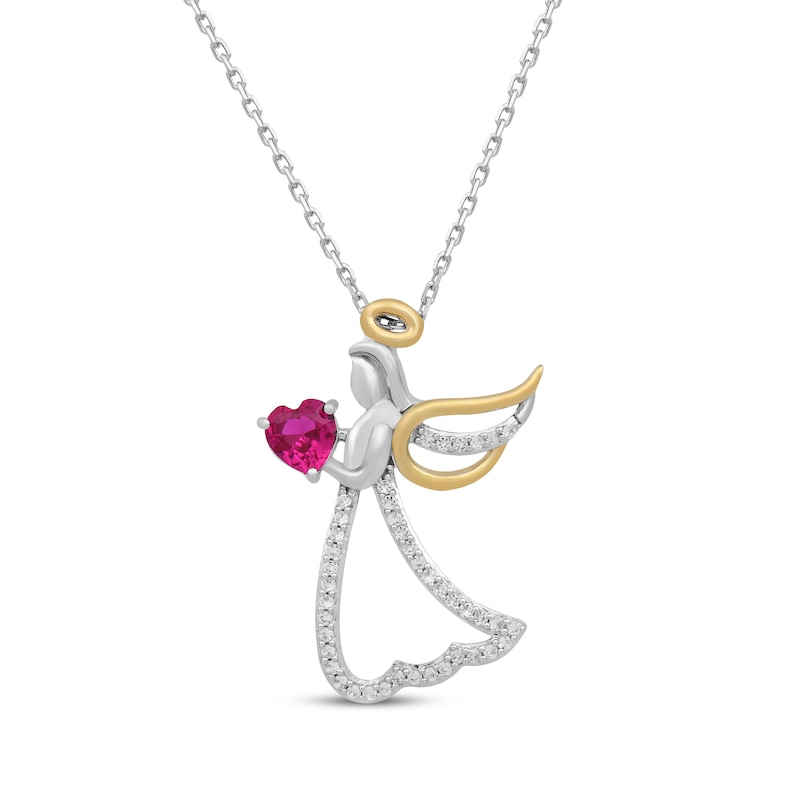 Heart-Shaped Lab-Created Ruby & White Lab-Created Sapphire Angel Necklace Sterling Silver & 10K Yellow Gold 18"