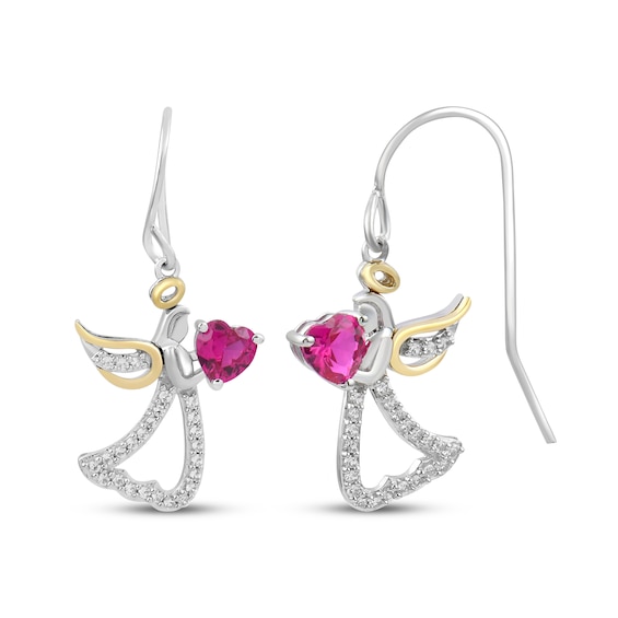 Heart-Shaped Lab-Created Ruby & White Lab-Created Sapphire Angel Dangle Earrings Sterling Silver & 10K Yellow Gold