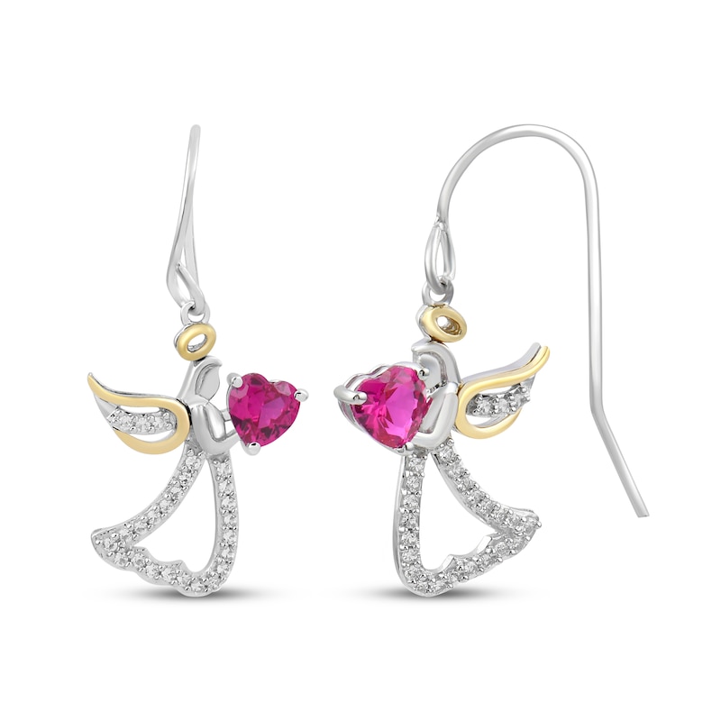 Main Image 1 of Heart-Shaped Lab-Created Ruby & White Lab-Created Sapphire Angel Dangle Earrings Sterling Silver & 10K Yellow Gold