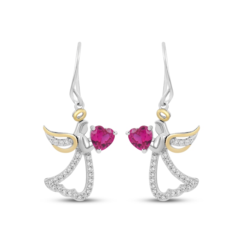 Main Image 2 of Heart-Shaped Lab-Created Ruby & White Lab-Created Sapphire Angel Dangle Earrings Sterling Silver & 10K Yellow Gold