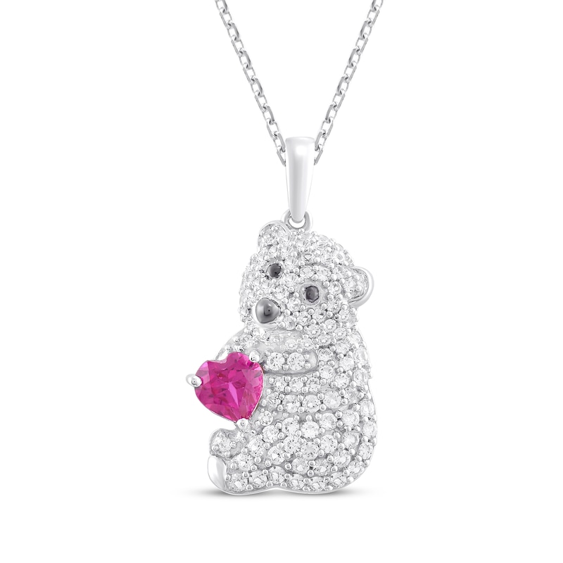 Main Image 1 of Heart-Shaped Lab-Created Ruby & White Lab-Created Sapphire Bear Necklace Sterling Silver 18&quot;