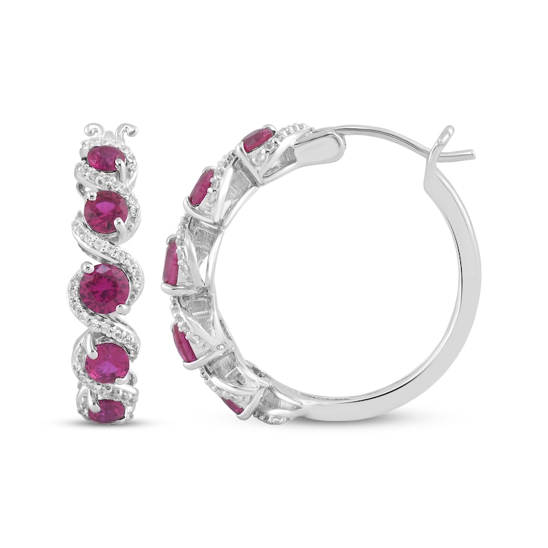 Main Image 3 of Lab-Created Ruby & White Lab-Created Sapphire Swirl Hoop Earrings Sterling Silver