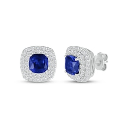 Cushion-Cut Blue Lab-Created Sapphire & White Lab-Created Sapphire Stud Earrings Sterling Silver