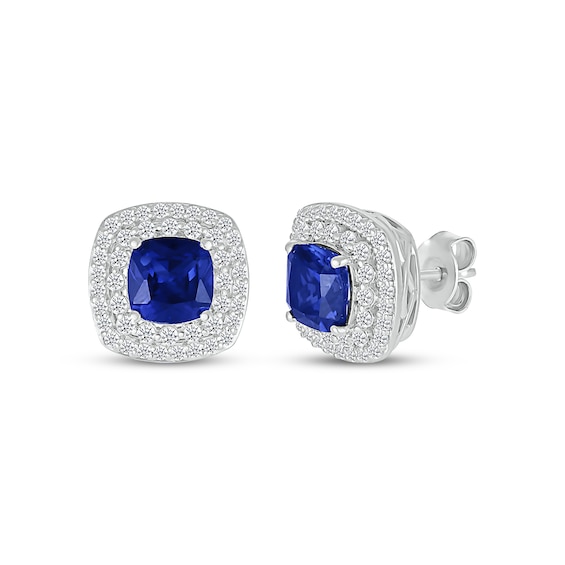 Cushion-Cut Blue Lab-Created Sapphire & White Lab-Created Sapphire Stud Earrings Sterling Silver