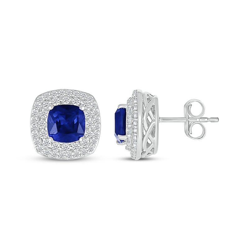 Main Image 3 of Cushion-Cut Blue Lab-Created Sapphire & White Lab-Created Sapphire Stud Earrings Sterling Silver