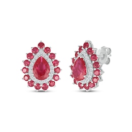 Pear-Shaped Lab-Created Ruby & White Lab-Created Sapphire Double Halo Stud Earrings Sterling Silver