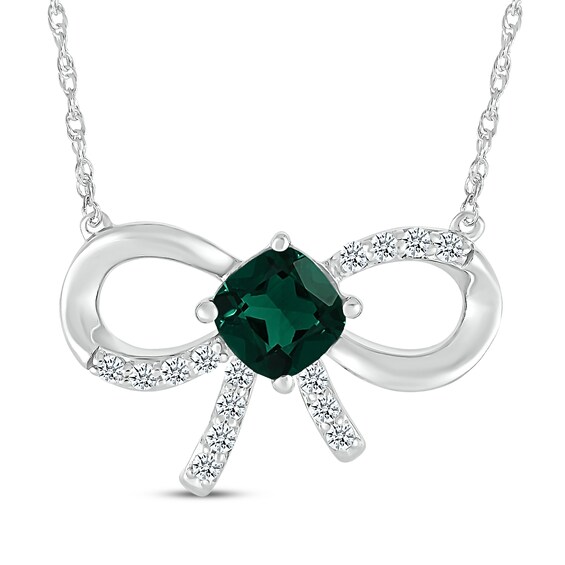 Cushion-Cut Lab-Created Emerald & White Lab-Created Sapphire Bow Necklace Sterling Silver 18"