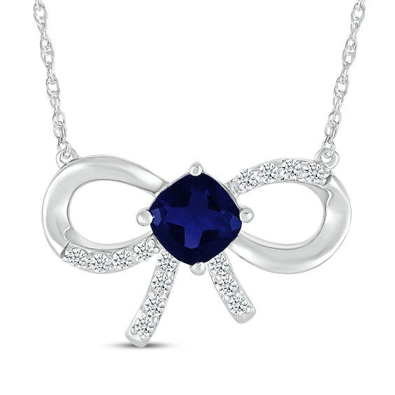 Cushion-Cut Blue Lab-Created Sapphire & White Lab-Created Sapphire Bow Necklace Sterling Silver 18"
