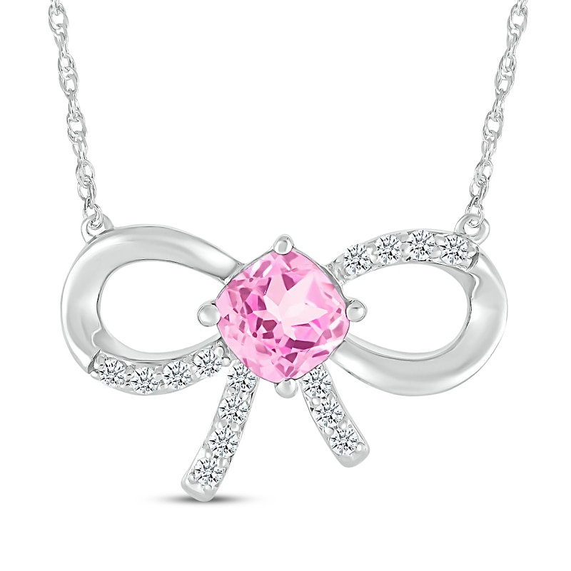 Main Image 1 of Cushion-Cut Pink Lab-Created Sapphire & White Lab-Created Sapphire Bow Necklace Sterling Silver 18&quot;