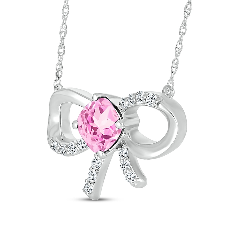 Main Image 2 of Cushion-Cut Pink Lab-Created Sapphire & White Lab-Created Sapphire Bow Necklace Sterling Silver 18&quot;