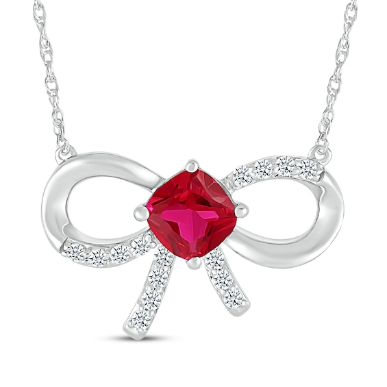 Cushion-Cut Lab-Created Ruby & White Lab-Created Sapphire Bow Necklace Sterling Silver 18"