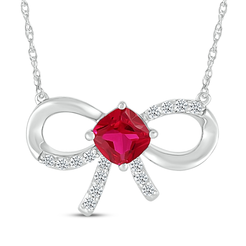 Main Image 1 of Cushion-Cut Lab-Created Ruby & White Lab-Created Sapphire Bow Necklace Sterling Silver 18&quot;