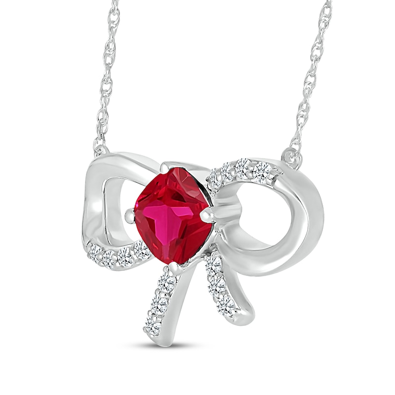 Main Image 2 of Cushion-Cut Lab-Created Ruby & White Lab-Created Sapphire Bow Necklace Sterling Silver 18&quot;