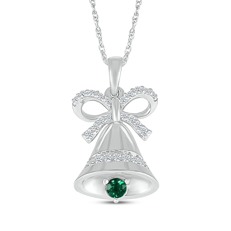 Main Image 1 of Lab-Created Emerald & White Lab-Created Sapphire Bell Necklace Sterling Silver 18&quot;