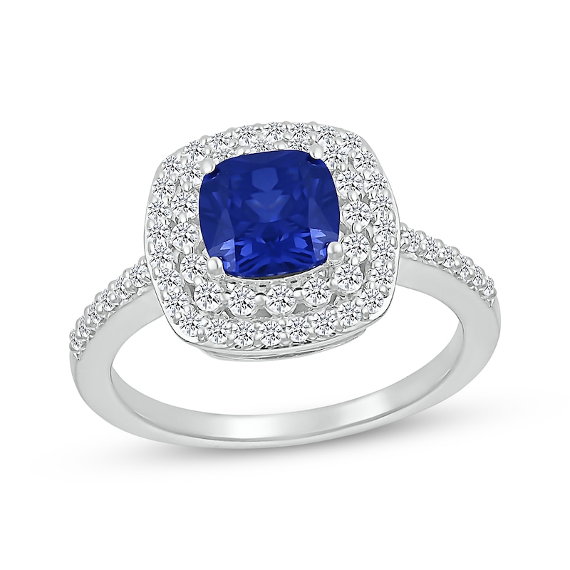 Main Image 1 of Cushion-Cut Blue Lab-Created Sapphire & White Lab-Created Sapphire Ring Sterling Silver