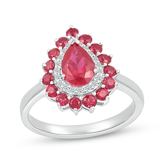 Pear-Shaped Lab-Created Ruby & White Lab-Created Sapphire Double Halo Ring Sterling Silver