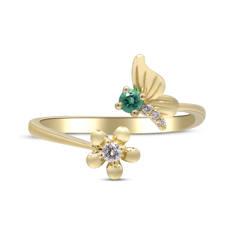 Emerald & Diamond Deconstructed Butterfly Flower Ring 1/20 ct tw 10K Yellow Gold