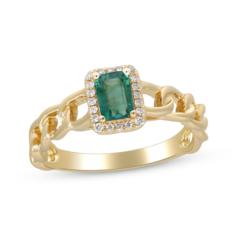 Main Image 1 of Emerald-Cut Emerald & Diamond Chain RIng 1/15 ct tw 10K Yellow Gold