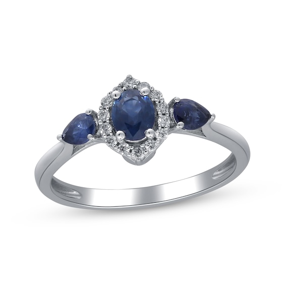 Oval-Cut & Pear-Shaped Blue Sapphire & Diamond Arabesque Frame Ring 1/10 ct tw 10K White Gold