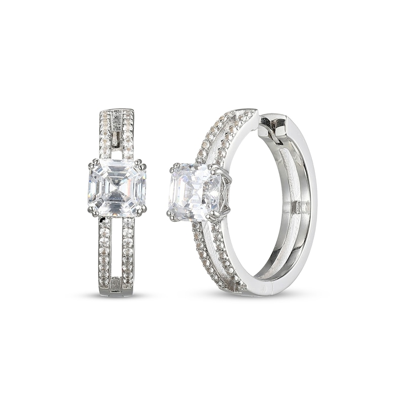 Main Image 1 of Asscher-Cut White Lab-Created Sapphire Hoop Earrings Sterling Silver