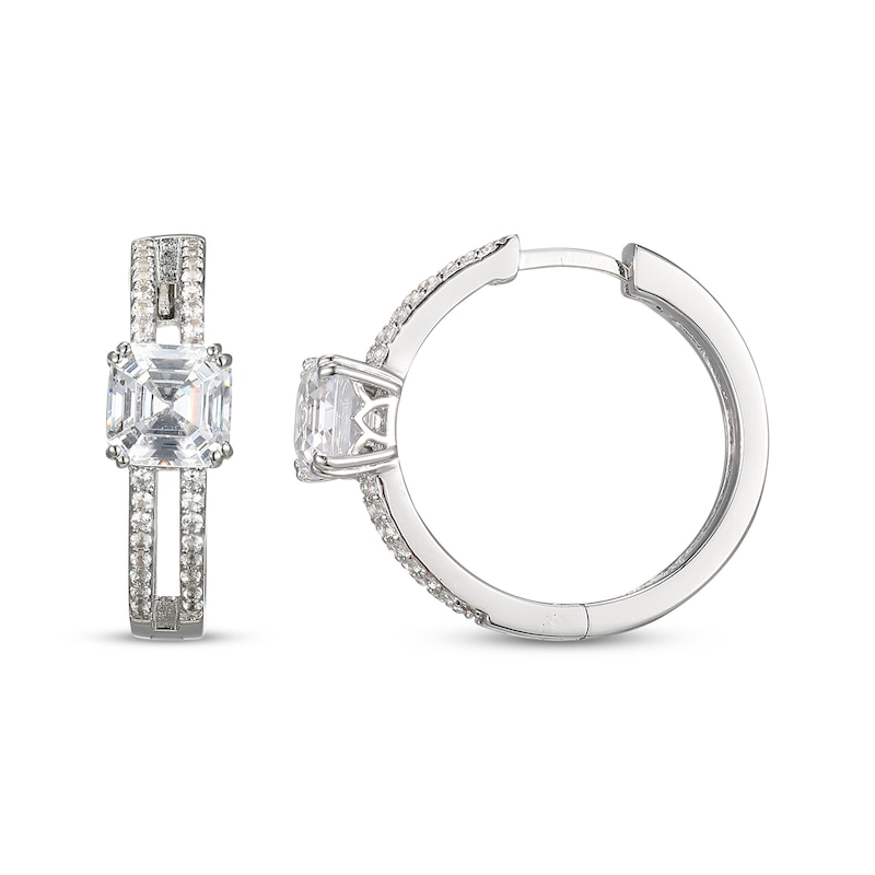 Main Image 3 of Asscher-Cut White Lab-Created Sapphire Hoop Earrings Sterling Silver