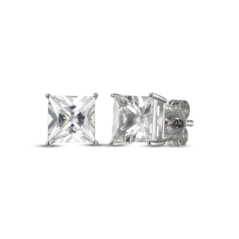 Main Image 1 of Square-Cut White Lab-Created Sapphire Solitaire Stud Earrings Sterling Silver