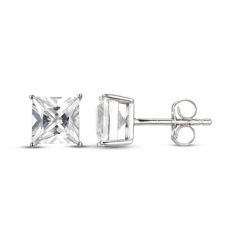 Main Image 3 of Square-Cut White Lab-Created Sapphire Solitaire Stud Earrings Sterling Silver