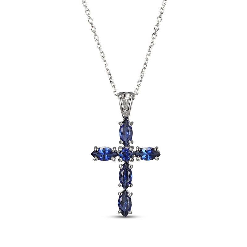 Main Image 1 of Marquise & Round-Cut Blue Lab-Created Sapphire Cross Necklace Sterling Silver 18&quot;