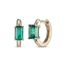 Emerald-Cut Lab-Created Emerald Huggie Hoop Earrings 10K Yellow Gold