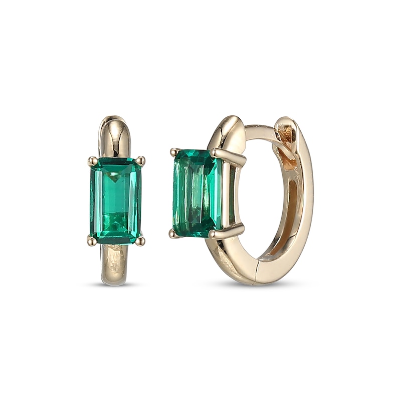 Emerald-Cut Lab-Created Emerald Huggie Hoop Earrings 10K Yellow Gold