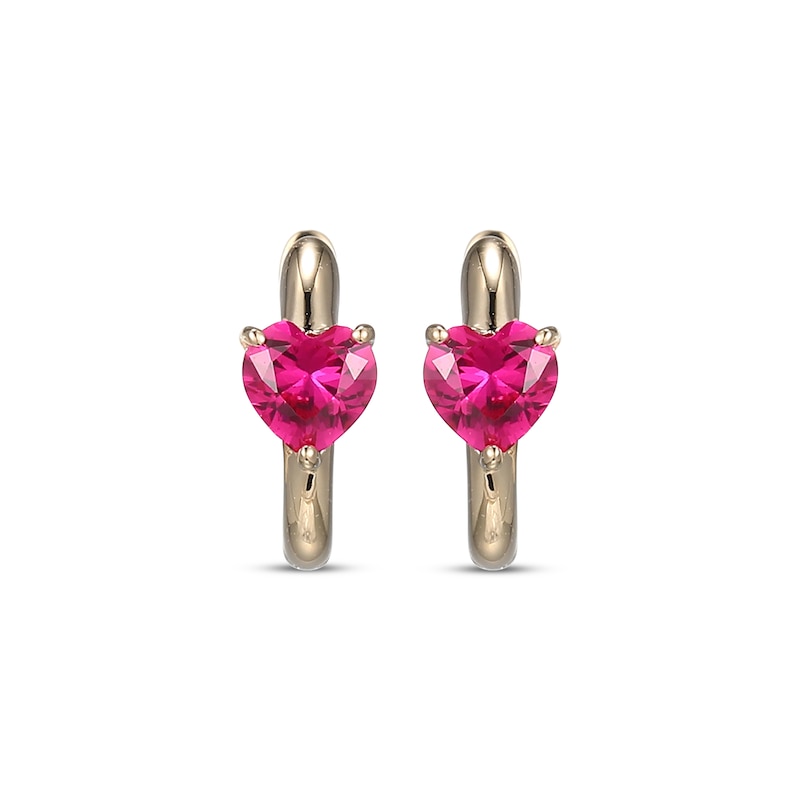 Heart-Shaped Lab-Created Ruby Huggie Hoop Earrings 10K Yellow Gold