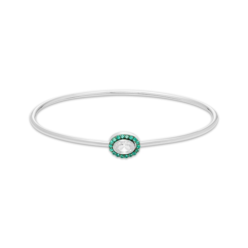 Oval-Cut White Lab-Created Sapphire & Lab-Created Emerald Halo Flex Bangle Sterling Silver