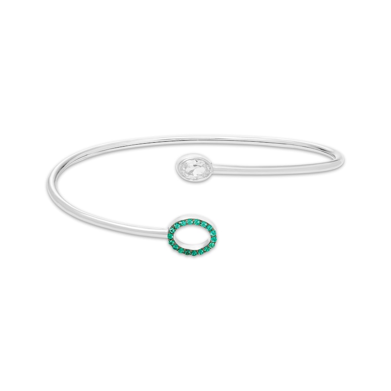 Oval-Cut White Lab-Created Sapphire & Lab-Created Emerald Halo Flex Bangle Sterling Silver