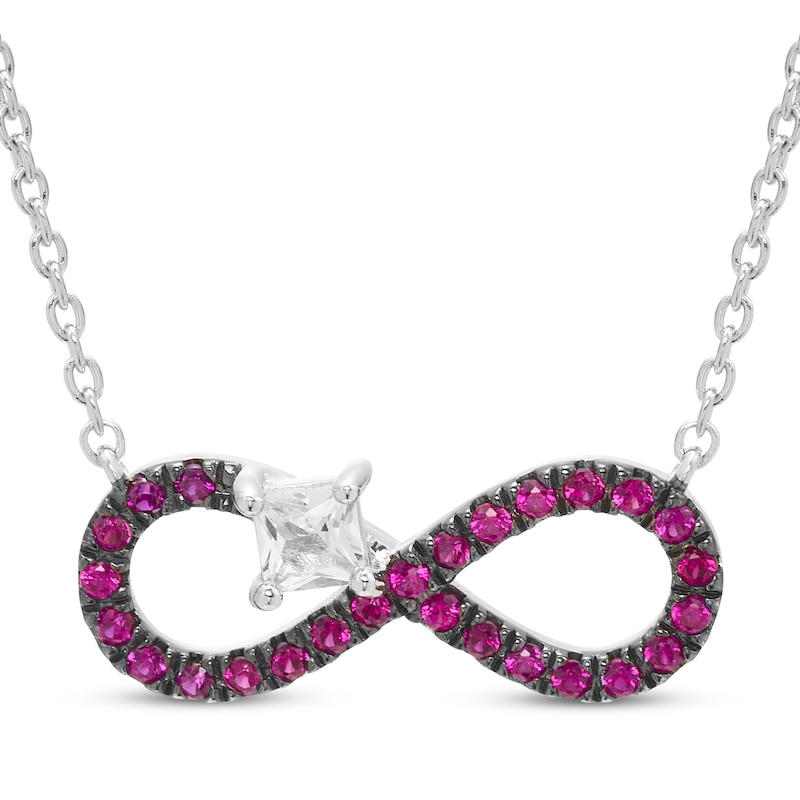 Main Image 1 of Square-Cut White Lab-Created Sapphire & Lab-Created Ruby Infinity Necklace Sterling Silver 18&quot;