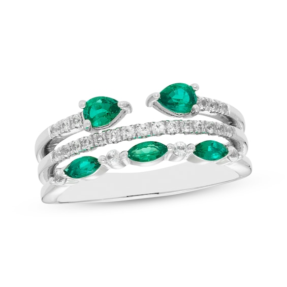 Pear-Shaped & Marquise-Cut Lab-Created Emerald & White Lab-Created Sapphire Three Row Ring Sterling Silver