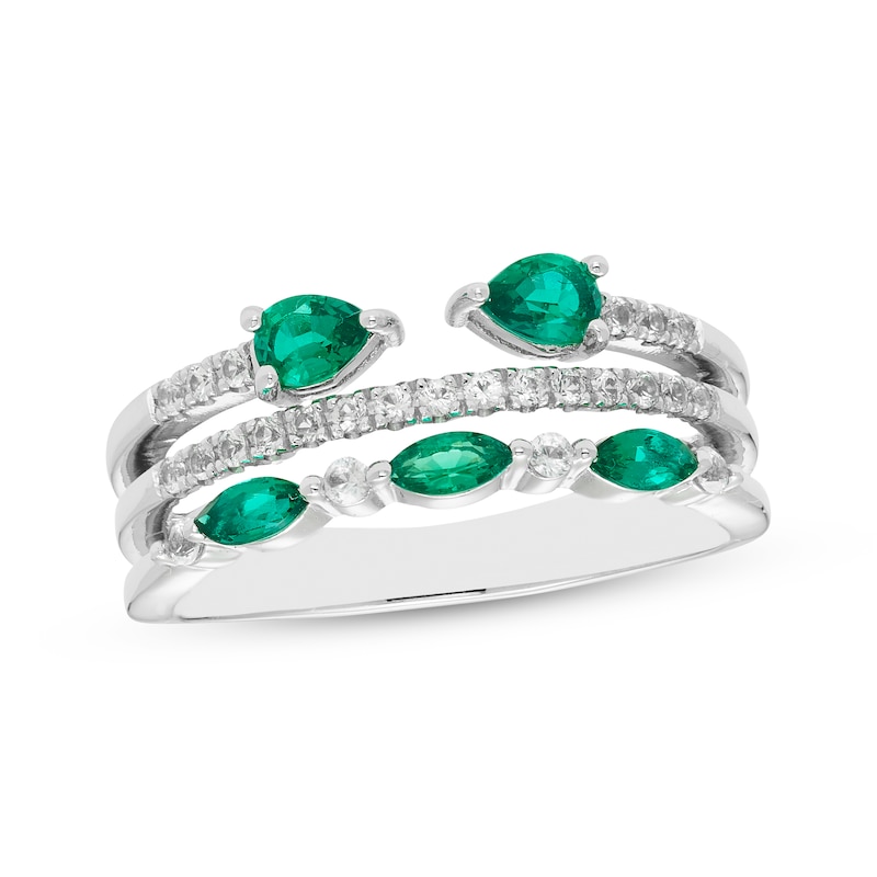 Main Image 1 of Pear-Shaped & Marquise-Cut Lab-Created Emerald & White Lab-Created Sapphire Three Row Ring Sterling Silver