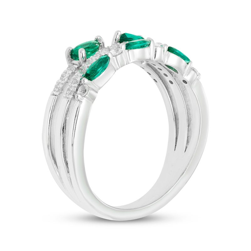 Main Image 2 of Pear-Shaped & Marquise-Cut Lab-Created Emerald & White Lab-Created Sapphire Three Row Ring Sterling Silver