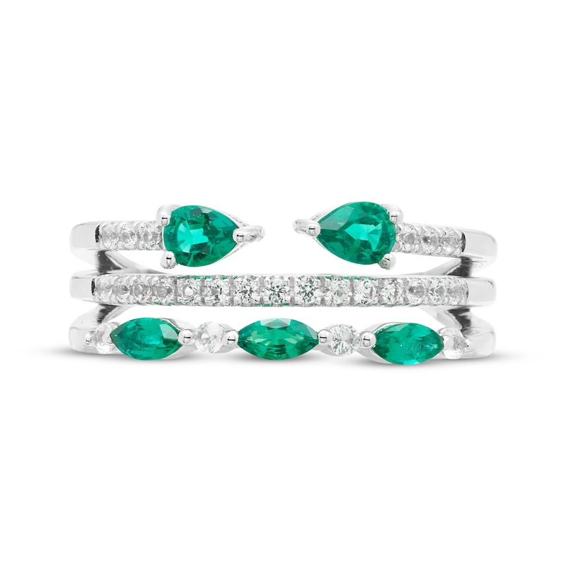 Main Image 3 of Pear-Shaped & Marquise-Cut Lab-Created Emerald & White Lab-Created Sapphire Three Row Ring Sterling Silver