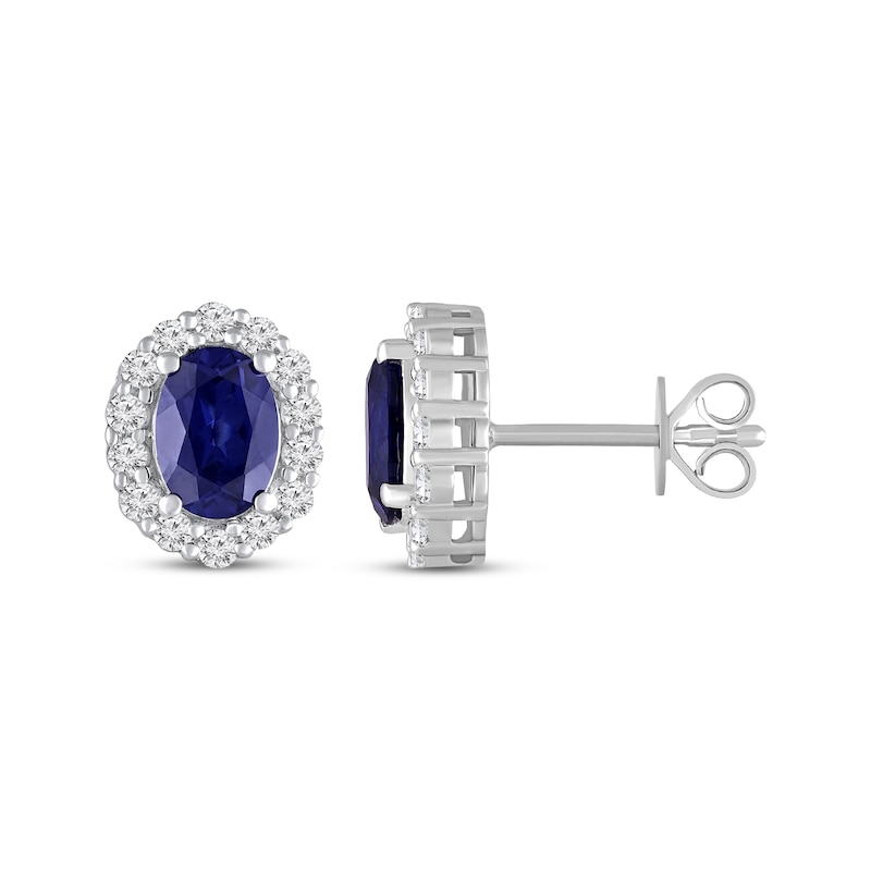 Main Image 3 of Oval-Cut Blue Lab-Created Sapphire & White Lab-Created Sapphire Halo Stud Earrings 10K White Gold