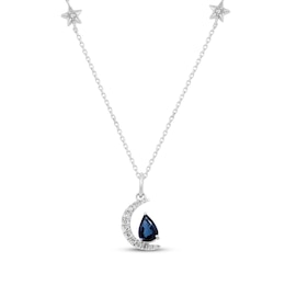 Pear-Shaped Blue Sapphire & Diamond Crescent Moon Necklace 1/8 ct tw 10K White Gold 18&quot;