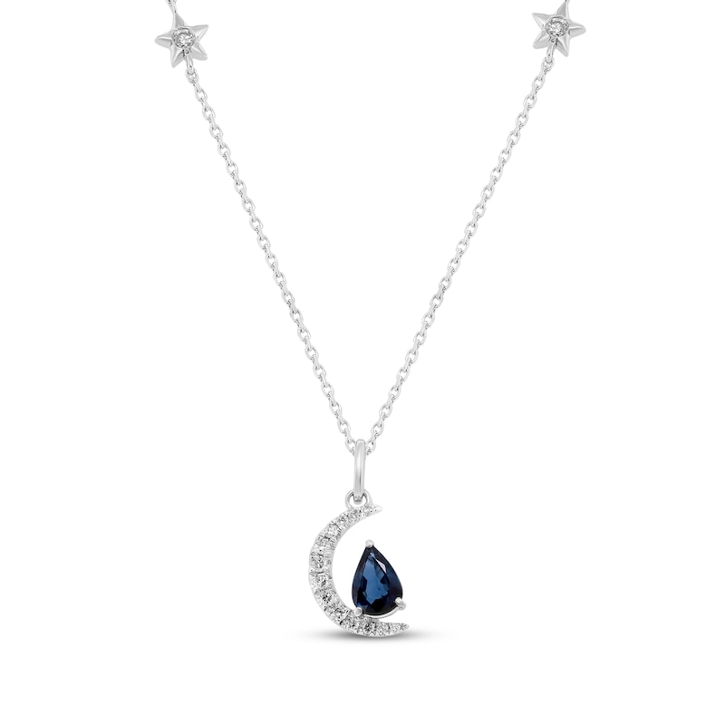 Pear-Shaped Blue Sapphire & Diamond Crescent Moon Necklace 1/8 ct tw 10K White Gold 18"